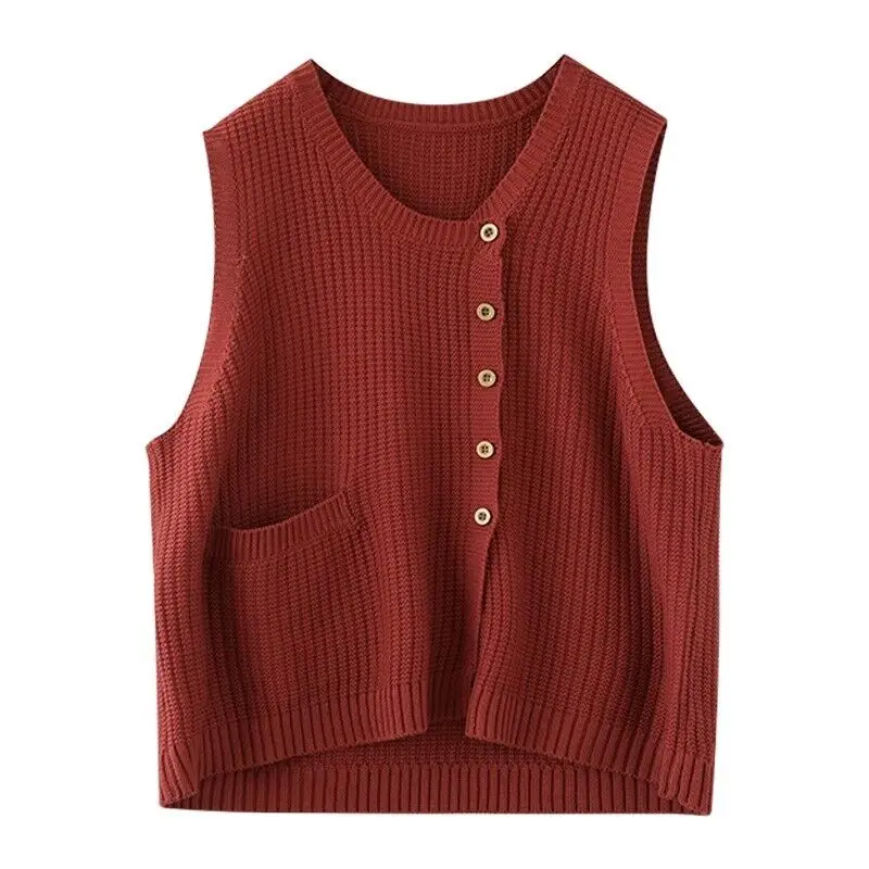 Женский винтажный вязаный жилет с круглым вырезом и пуговицами модный корейский