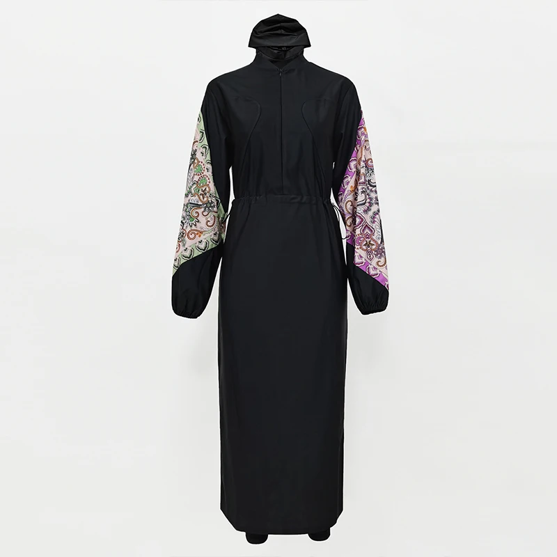 2022 New Design Burkini Swimsuit For Muslim Women Lantern Sleeve Long Robe Paisley Print Drawstring Baju Renang Muslimah