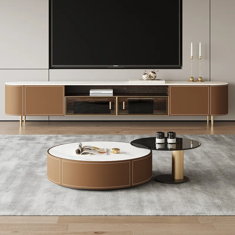

Tea Table, Luxurious Living Room, Simple and Modern Size, Round Designer's Creative Saddle Leather TV Cabinet Combination