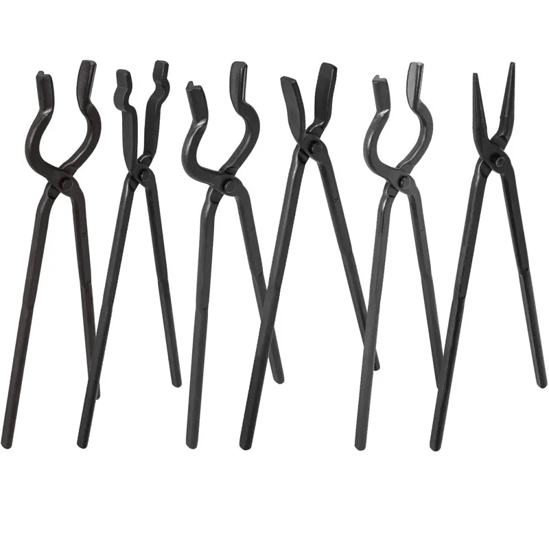 Beginner Blacksmith Tongs Blacksmith Forge Tong Tools Set Includes 1/4 Flat Jaw, Pick Up, Scroll, 3/8 1/2 5/8 V-Bit Tongs (6Pcs)