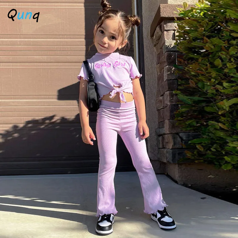 

Qunq Girls' Solid Article Pit Embroidered Letters Short Sleeves+Fungus Edge Bell-Bottom Trousers Casual Two Piece Set Age 3T-8T