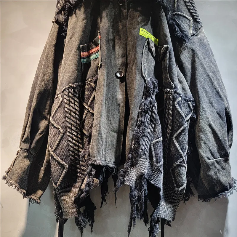 Осень 2024 новый свободный крупнобортный дизайн вязаная стираная джинсовая куртка
