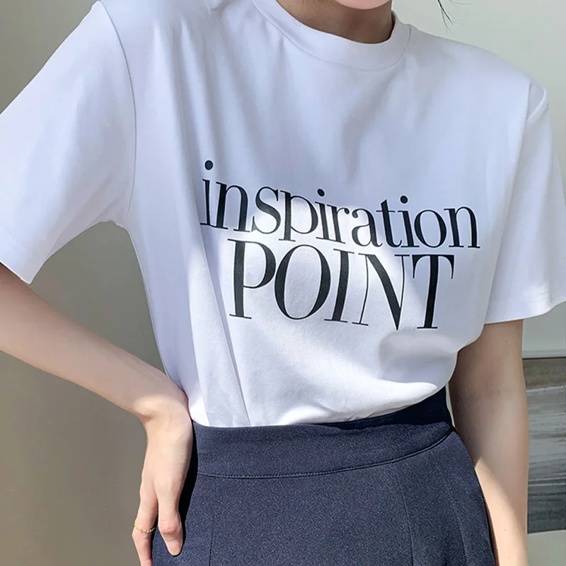 

Женская элегантная футболка с буквенным принтом, белая свободная хлопковая футболка с коротким рукавом, Летние повседневные топы, футболки...