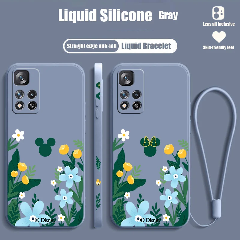 

Mickey Mouse Flowers Green For Redmi Note 12 11T 11S 11E 10S 10T 10 9S 9T 8 Pro Plus Lite Max Liquid Left Rope Phone Case