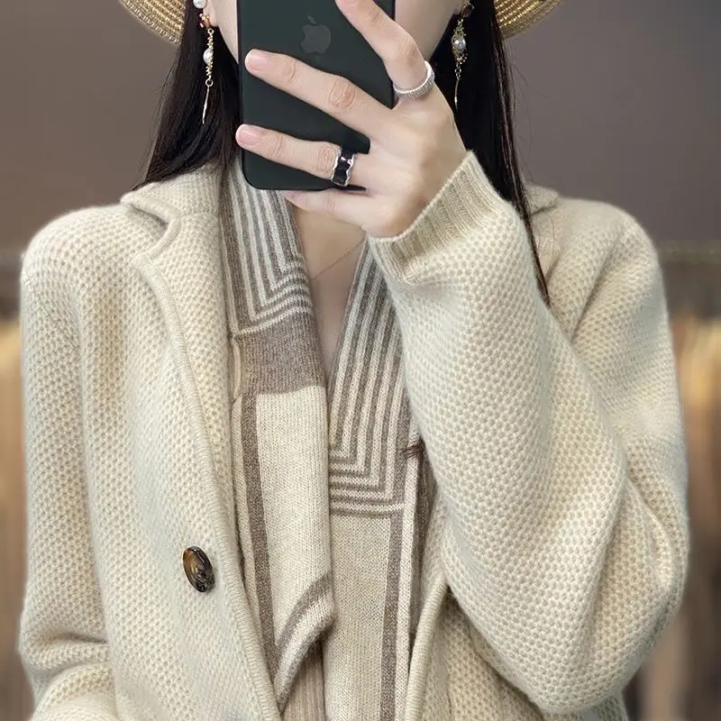 

Женский вязаный кардиган с длинным рукавом, однотонный свободный свитер с воротником, верхняя одежда на весну и зиму