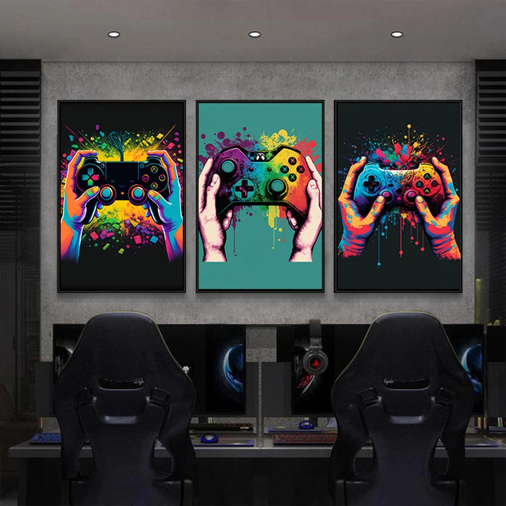 80s 90s Colorful Neon Gamer Controller Canvas Poster Fantasy Earphones Esports Gaming Wall Art Painting For Kawaii Room Decor 3