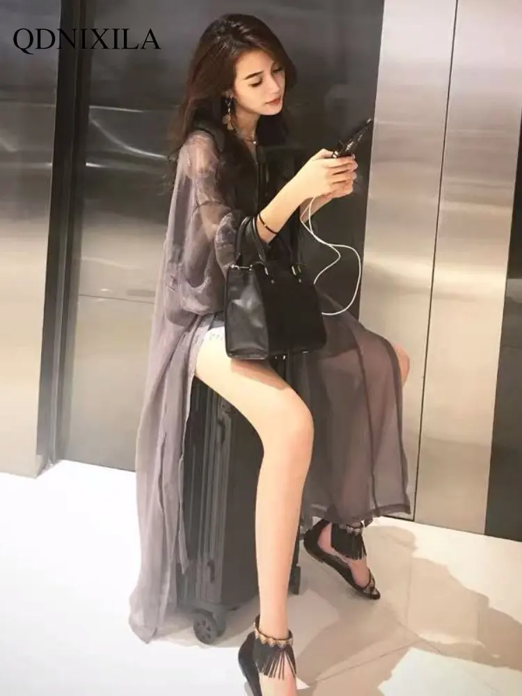 

2023 Summer Mid-length Women's Shirts and Blouses Fashion Sunscreen Clothing Thin Cardigan Chiffon Beach Top Oversized Shirts