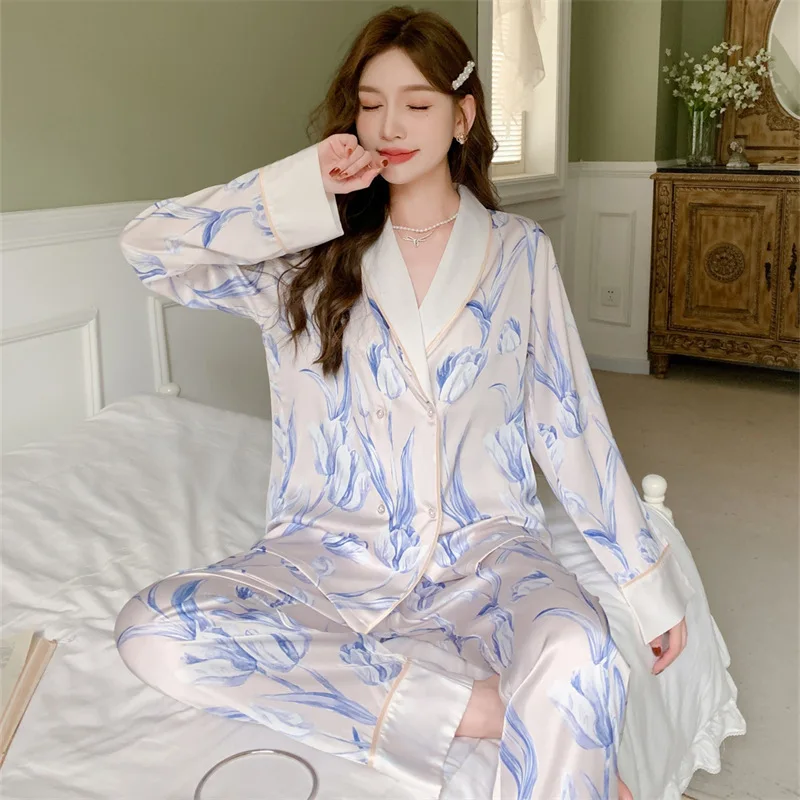 2023 Spring and Autumn New Pajamas Women's Artificial Silk Tulip Printed Long-Sleeved Trousers Cardigan Homewear Green Fruit Col