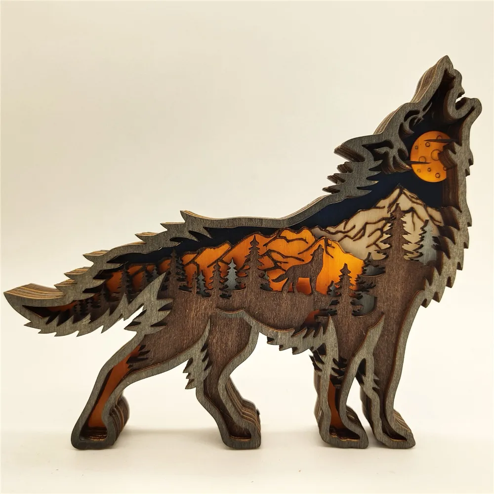 

Creative Wooden Animal Statue Wolf Totem LED Night Light Home Decorate Crafts Christmas Gift Forest Elk Brown Bear Ornaments