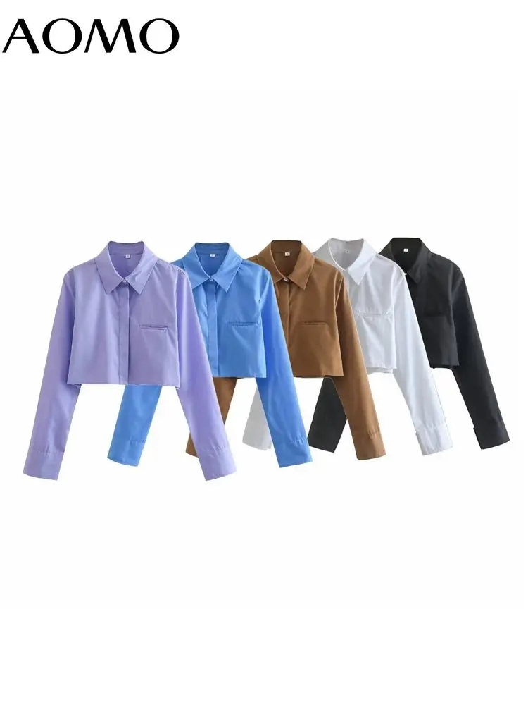 

AOMO Women Solid Oversized Cropped Shirts Vintage Long Sleeve Front Button Female Blouses Blusas QJ11A