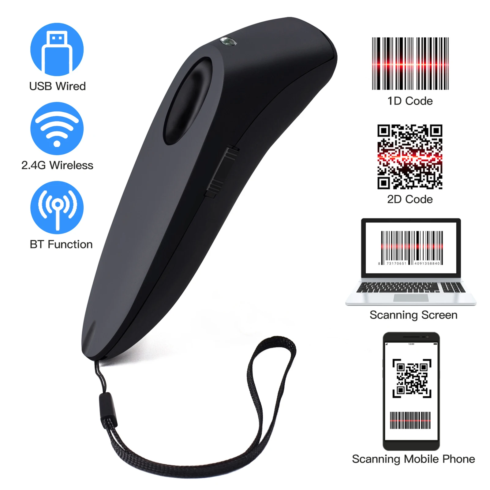

Portable 3-in-1 Barcode Scanner Handheld 1D/2D/QR Bar Code Reader Support BT & 2.4G Wireless & USB Code Scanning Base Bracket