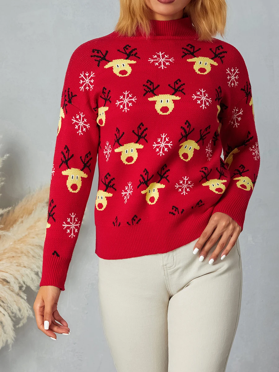 

Autumn Winter Women Mock Neck Sweater Elk Snowflake Print Long Sleeve Knitwear Christmas New Year Pullover Tops