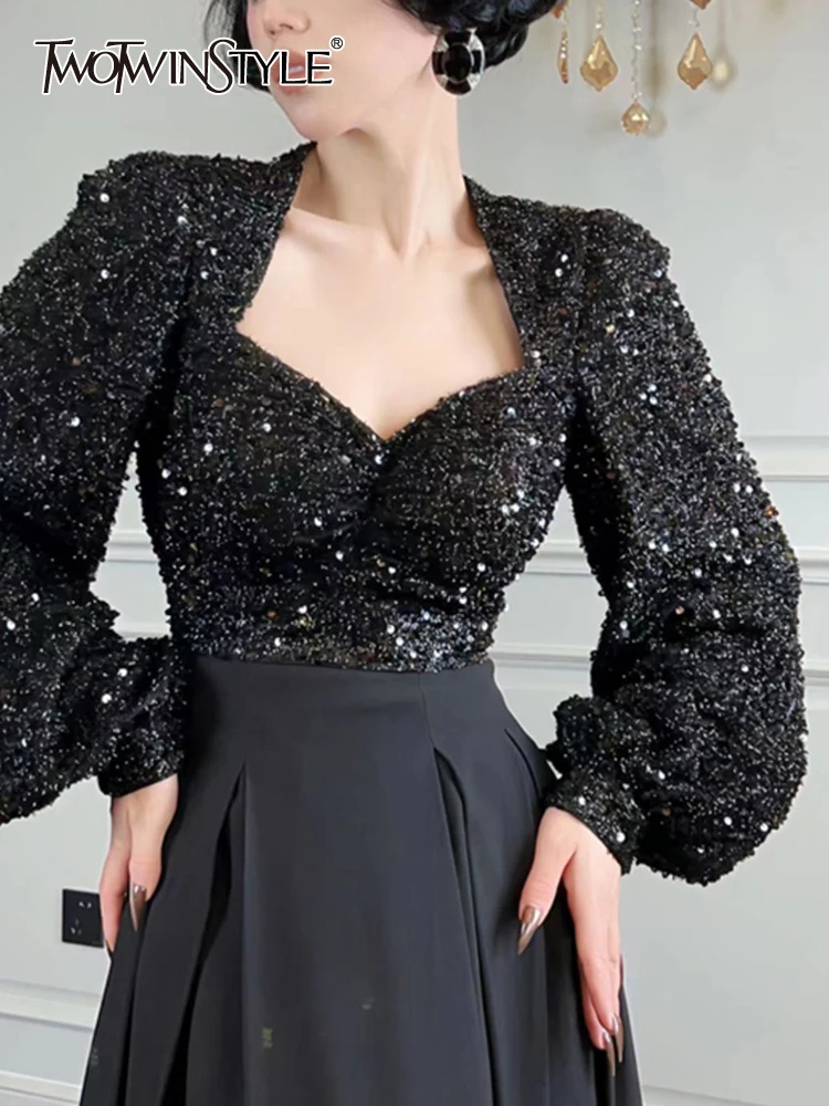 

TWOTWINSTYLE Solid Patchwork Sequins Elegant Tops For Women Square Collar Lantern Sleeve Designer Top Female Fashion Clothing