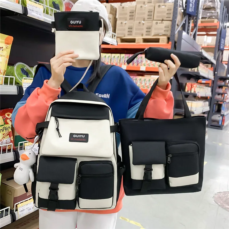 4 Pcs Set Women Canvas School Bags for Teenage Kawaii College Student Kids Book Bag Rucksack Large Capacity Ins Laptop Backpack