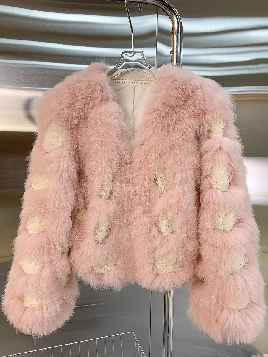 Real Fur Lace Rose Spikes Fox Fur Coat for Women New Young Short Winter Trend coat  winter coat women