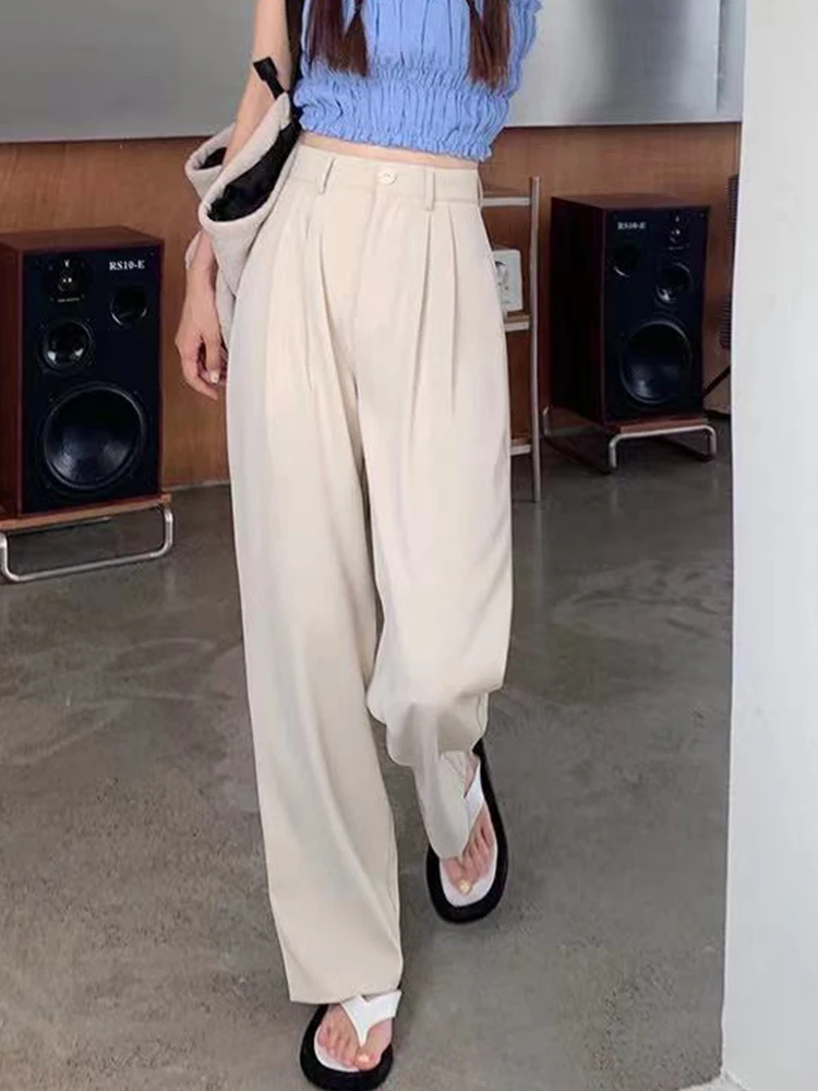 

Женские прямые брюки в уличном стиле ретро, черные брюки с широкими штанинами и высокой талией