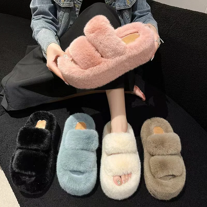 

Thick Bottomed Plush Fluffy Slippers For Women's Autumn/Winter 2023 New Fashion Design Flat Bottomed Warm Cotton Slippers 7cm
