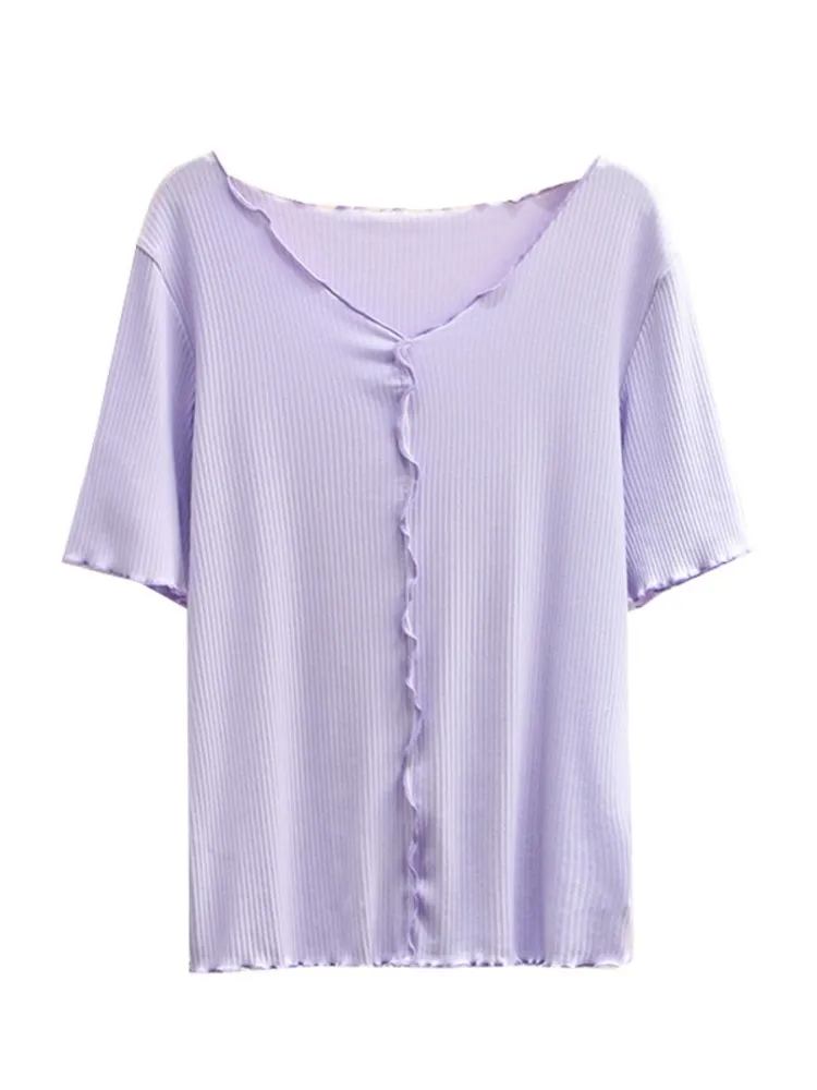 

Women's Clothing Plus Size T-Shirt 2022 Summer Fashion Slim Short Sleeve Tees Casual V-Neck Ruffled Solid Color KNIT Tops K1-077