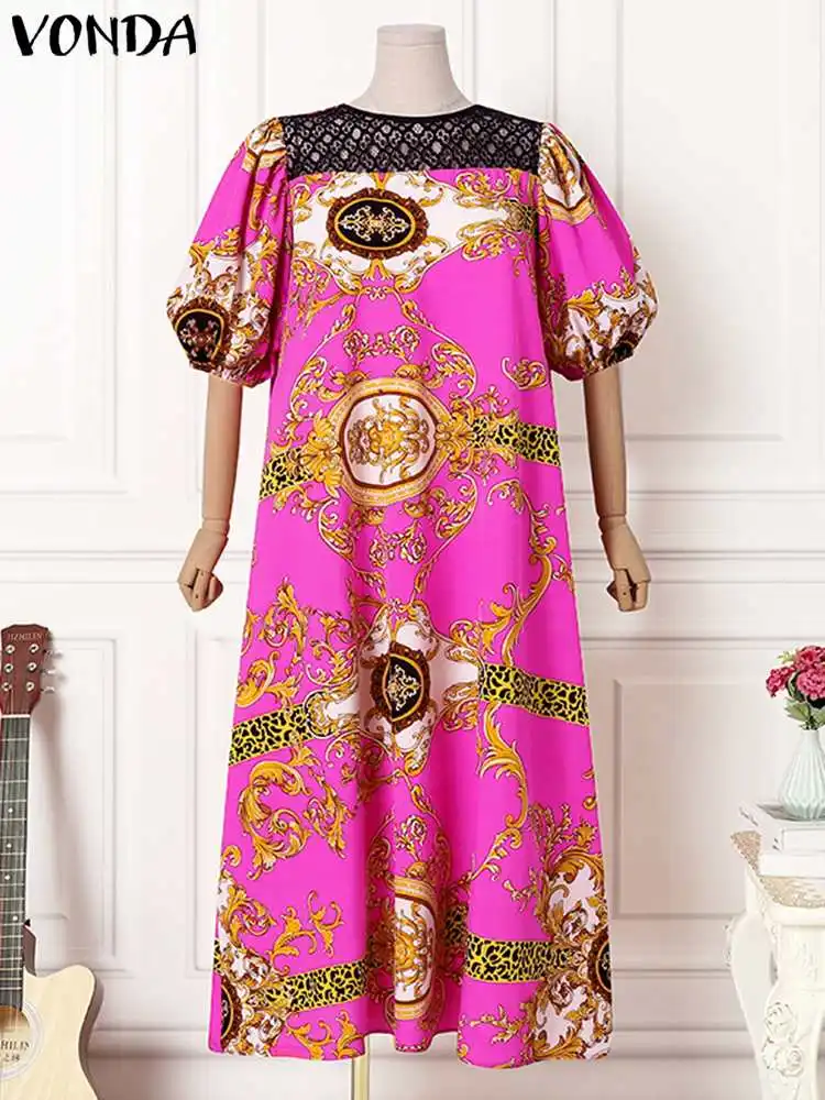 Plus Size 5XL VONDA Bohemian Summer Maxi Dress 2023 Women Puff Sleeve Vintage Printed Party Sundress Casual Lace Patchwork Robe