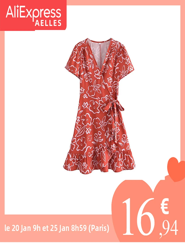 

YENKYE 2022 Fashion Women Floral Print Red Ruffle Wrap Dress Ladies Cross V Neck Short Sleeve Holiday Summer Vestido