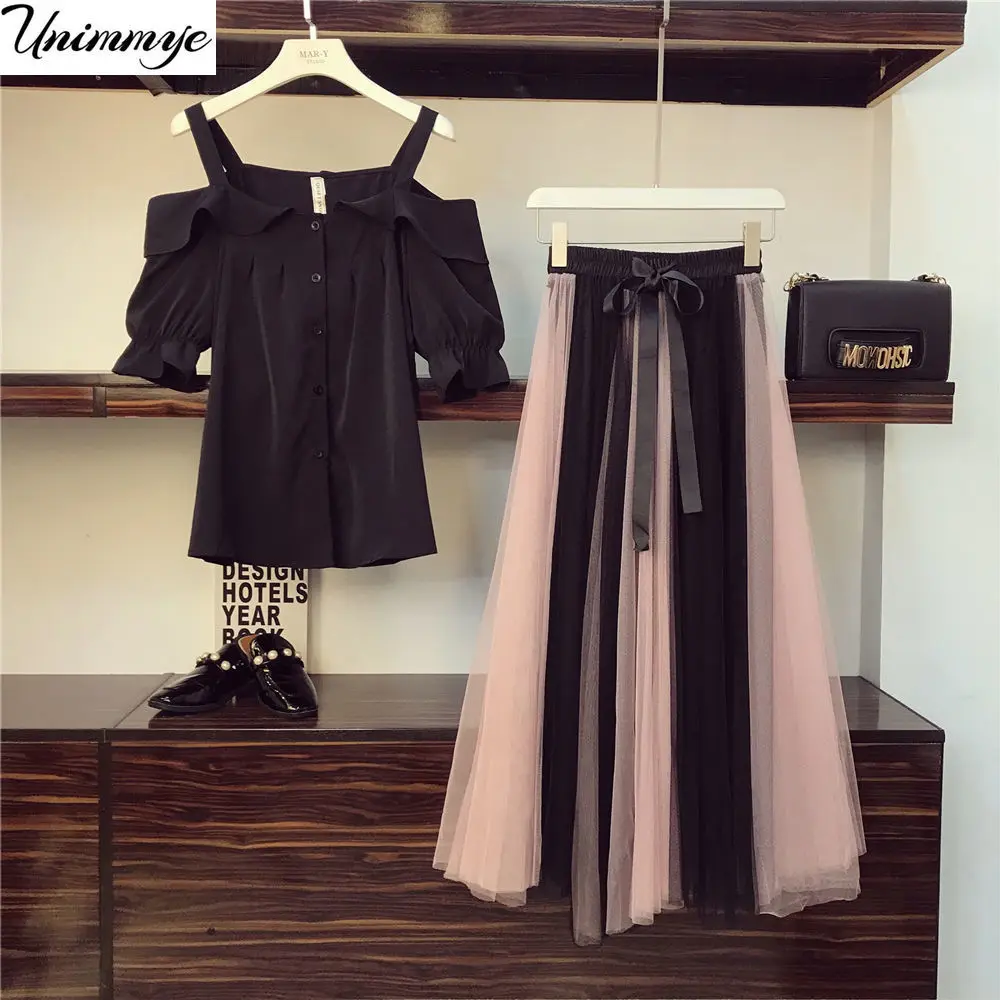  Women Off Shoulder Solid Shirts  +  Long Mesh Skirts Fashion Sets Summer Casual Ruffles Slash Neck Female Suits H83