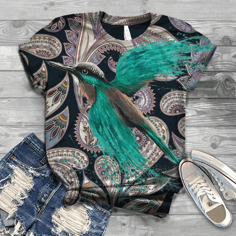 

Summer women's T-shirt retro bird print short-sleeved street style daily all-match T-shirt casual loose short-sleeved t-shirst