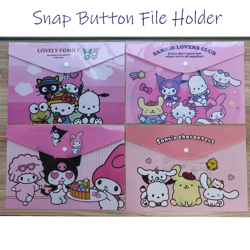 4pcs Sanrio My Melody Cinnamoroll  A4 PVC File Holder Kawaii Snap Button Document Storage Bag Envelope Folders School Stationery