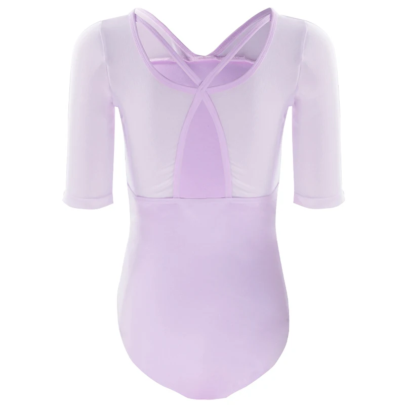 Gymnastic Leotard Girls Ballet Leotard Medium 3/4 Sleeves Mesh Splice Hollow Cross Back Dance Leotard For Girls Dancing Bodysuit