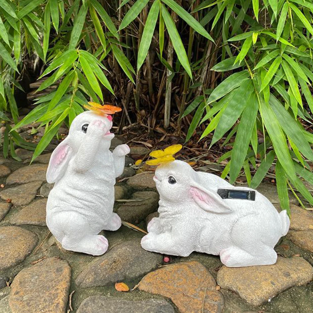 

Resin Solar Garden Figurine Lamp Holiday Props Rabbit Butterfly Cartoon Landscape Lamp Handmade Waterproof for Outdoor Ornaments