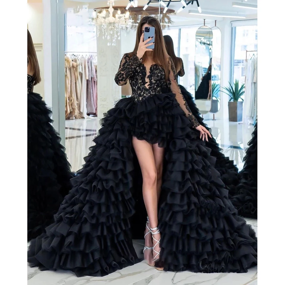 

Женское черное строгое платье, привлекательное Многоярусное фатиновое платье с длинным рукавом и V-образным вырезом, официальное вечернее платье для женщин