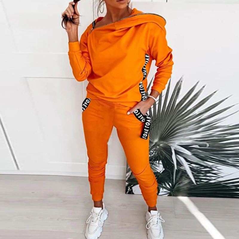 

Women Pocket Long Pants Streetwear Casual Suit Fashion Straight Lady Tracksuit Autumn Letter Printing Zip Hooded Sweatshirt Set