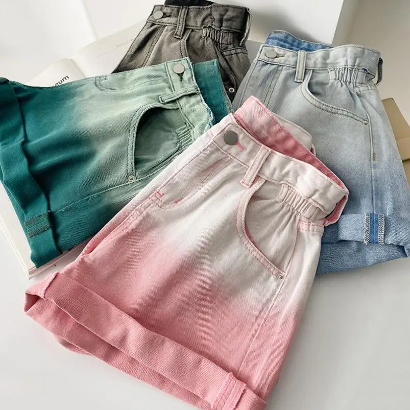 Женские винтажные джинсовые шорты с градиентом розовые высокой талией