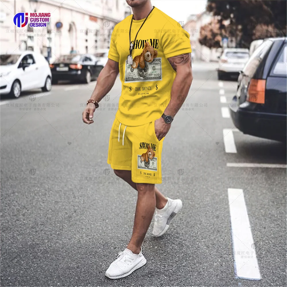 Men's Fun Bear Print T-Shirt Set Fashion Hip Hop Harajuku Short Sleeve Top Casual Oversized O Neck Street Shorts Clothing