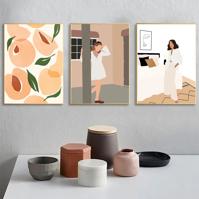 Абстрактная мода девушка растение фрукты листья скандинавские плакаты и принты