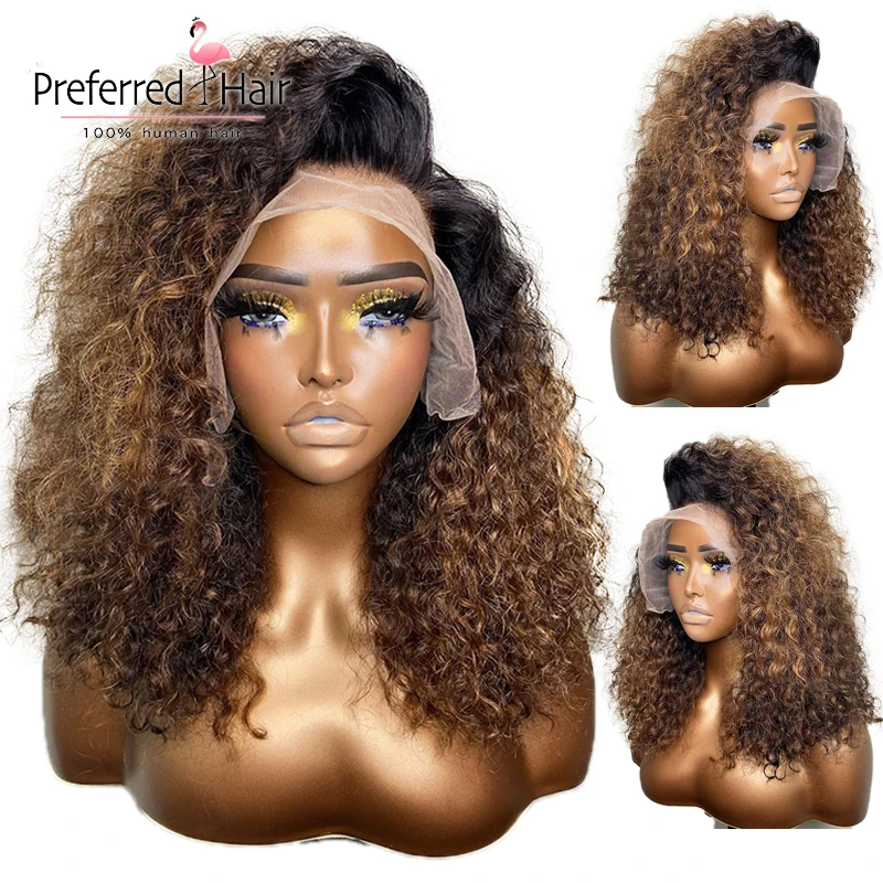 

Short Pixie Cut Jerry Curly Bob 4X4 Closure Frontal 13X6 T Part Transparent Lace Front Human Hair Wigs Honey Blonde Ombre Color