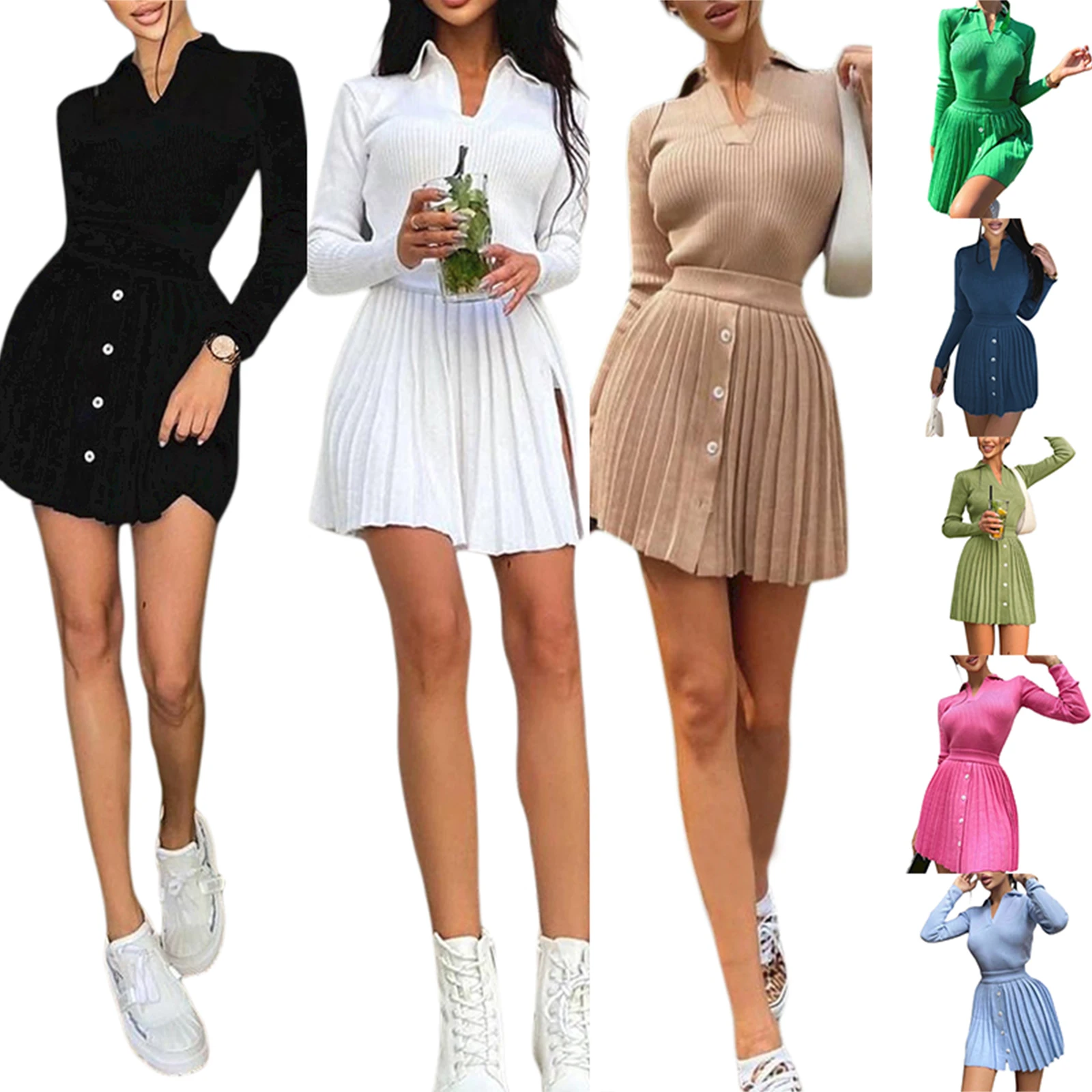 

Kayotuas Women 2Pcs Boho Vintage Clothes 90s Korean Fashion Streetwear Lapel V-Neck Tops+Pleated Skirt Knitting