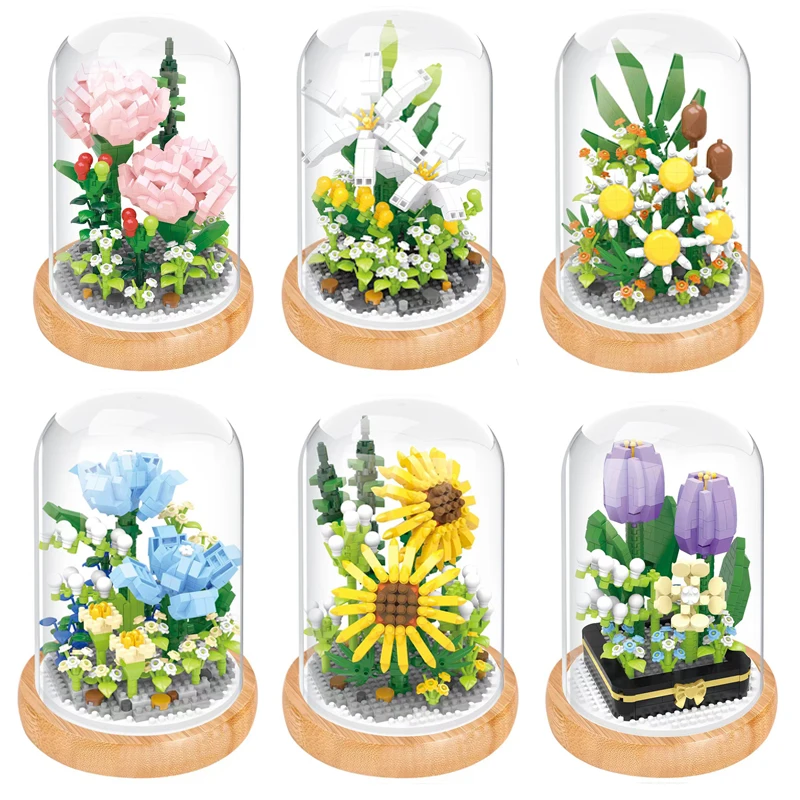 

3D Micro Sunflower Flower Bouquet Bonsai Model Building Block MOC Creative Carnation Tulips Plant Potted Bricks Kids Toys Gifts