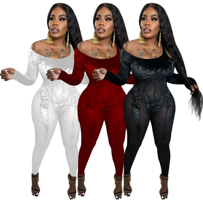 

WUHE Sexy Mesh Sheer Nightclub Women Jumpsuit Long Sleeve Patchwork Velvet Romper Party Birthday One Piece Overalls Combinaisons