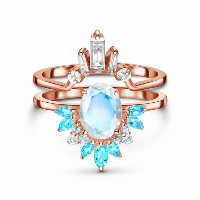 

S925 sterling silver double ring moonstone rose gold ring female exquisite combination set ring jewelry