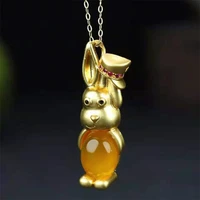 hot selling natural hand carved jade refined copper plated 24k zodiac rabbit necklace pendant fashionjewelry menwomen luckgifts