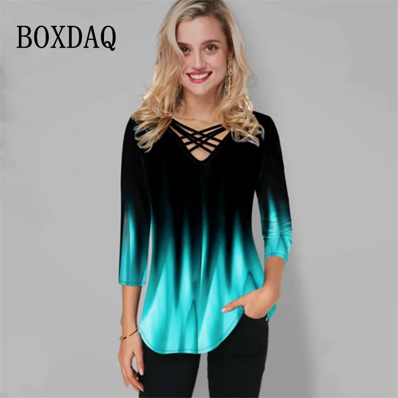 

Женская блузка с V-образным вырезом, Повседневная Свободная рубашка большого размера с 3D градиентным принтом, с перекрестным V-образным вырезом, весна 2023
