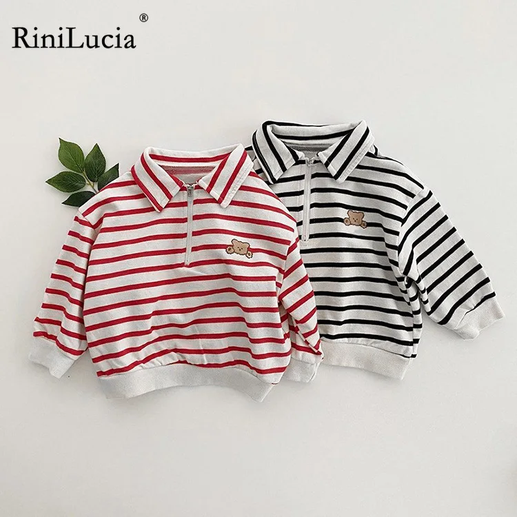 

RiniLucia Baby Boys Girls Striped T-shirts Lapel Kids T-shirt Children Tees Tops Long-sleeve Clothes for Spring Kids Outfits