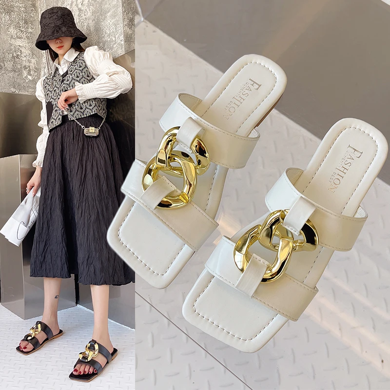 

2023 NEW Women Slide Sqaure Toe Ladie Summer Shoes Flat with Solid Metal Buckle Female Slippers Outside Flip Flops