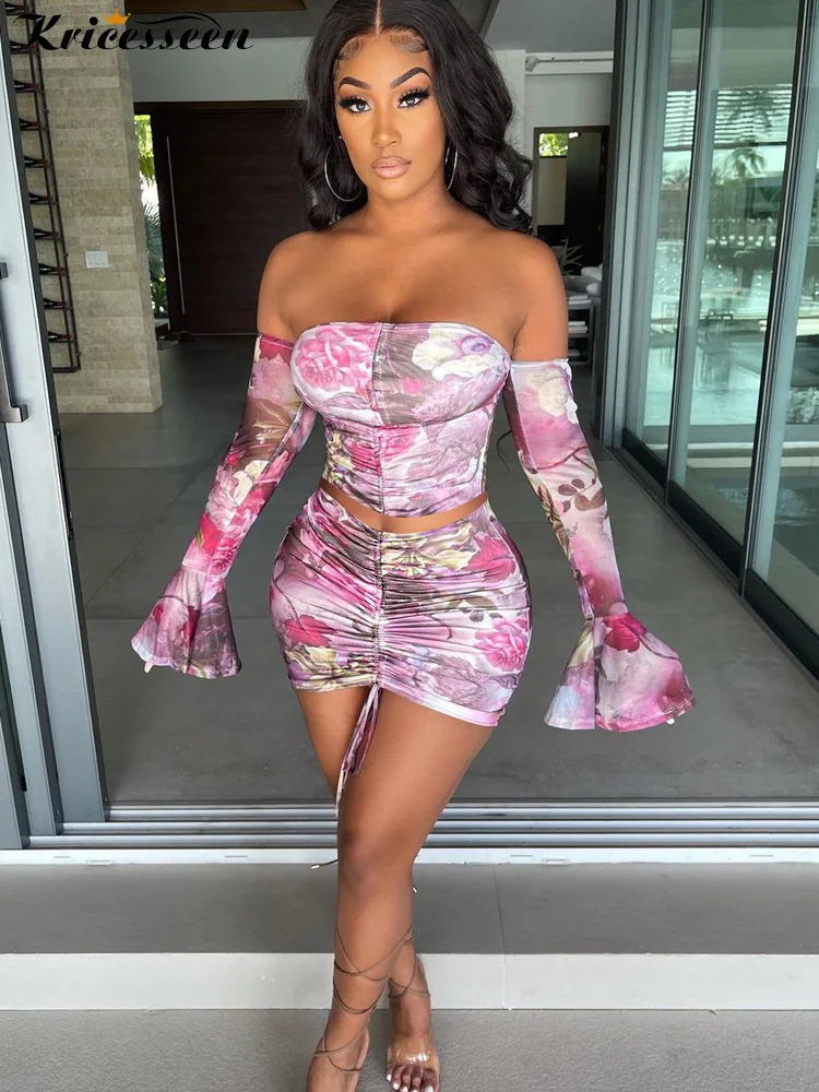 

Kricesseen Горячая сексуальная юбка с цветочным принтом, комплект из 2 предметов, Женский Топ без бретелек с расклешенными рукавами и бандажная м...