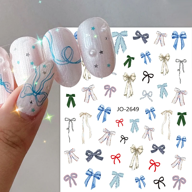 Pink White Bowknot 3D Nail Sticker Colorful Long Ribbon Self Adhesive Sliders Manicure Butterfly BowtieDecoration DIY Decal