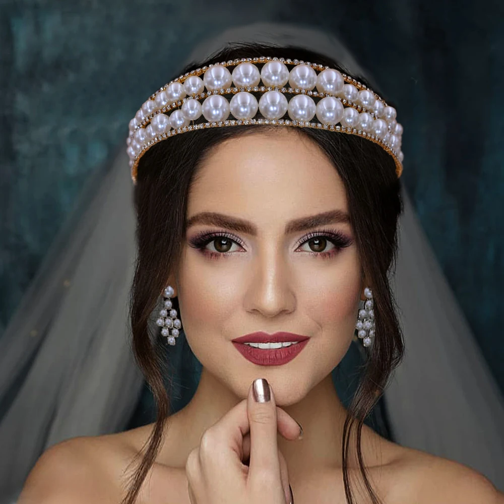 

Handmade Pearls Headband Tiara Crown Wedidng Hair Accessories Women's Rhinestone Hairbands Jewelry Bride Headpieces