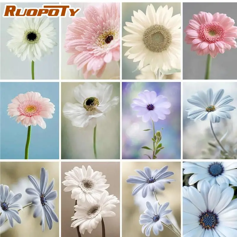 

RUOPOTY Frame Daisy Flower Painting By Numbers DIY Kit Handpainted Oil Painting For Adults Coloring By Number Home Decoration