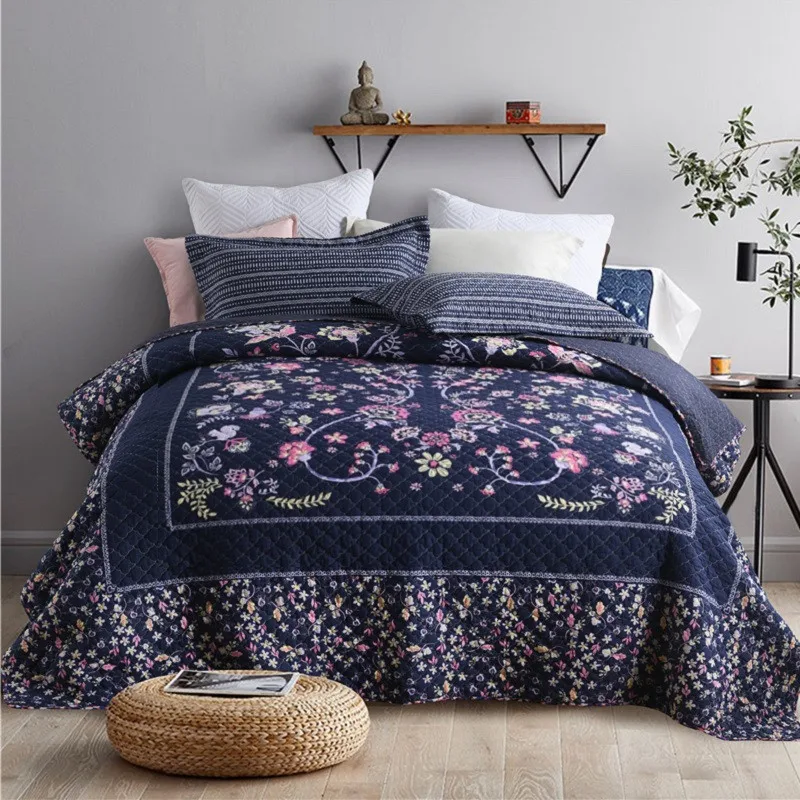 

Floral Quilted Bedspread on the Bed Cotton Quilt Set Double Blanket Yarn-dyed Coverlet King Queen Size Cubrecam Bed Cover Colcha