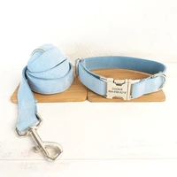 personalized pet collar customized nameplate id tag adjustable soft sky blue suede fabric cat dog collars lead leash set