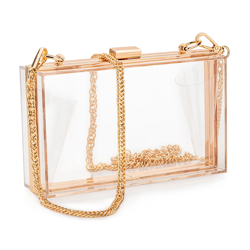 Women Acrylic Clear Clutch Transparent Crossbody Purse Evening Bag Sport Events Stadium Approved Chain Strap Gold/Silver |